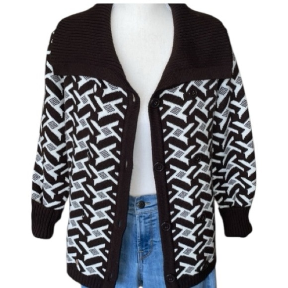 Vintage Brown Cream Houndstooth Knit Sweater Double Breasted Contrast Collar SM - Picture 13 of 13